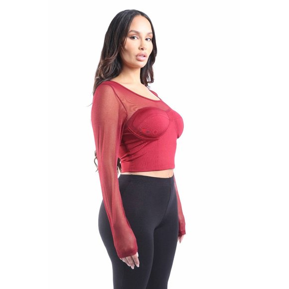 Women's Mesh Long Sleeve Blouse Top Scoop Neck Cropped Style Open Back Comfy - Picture 8 of 9